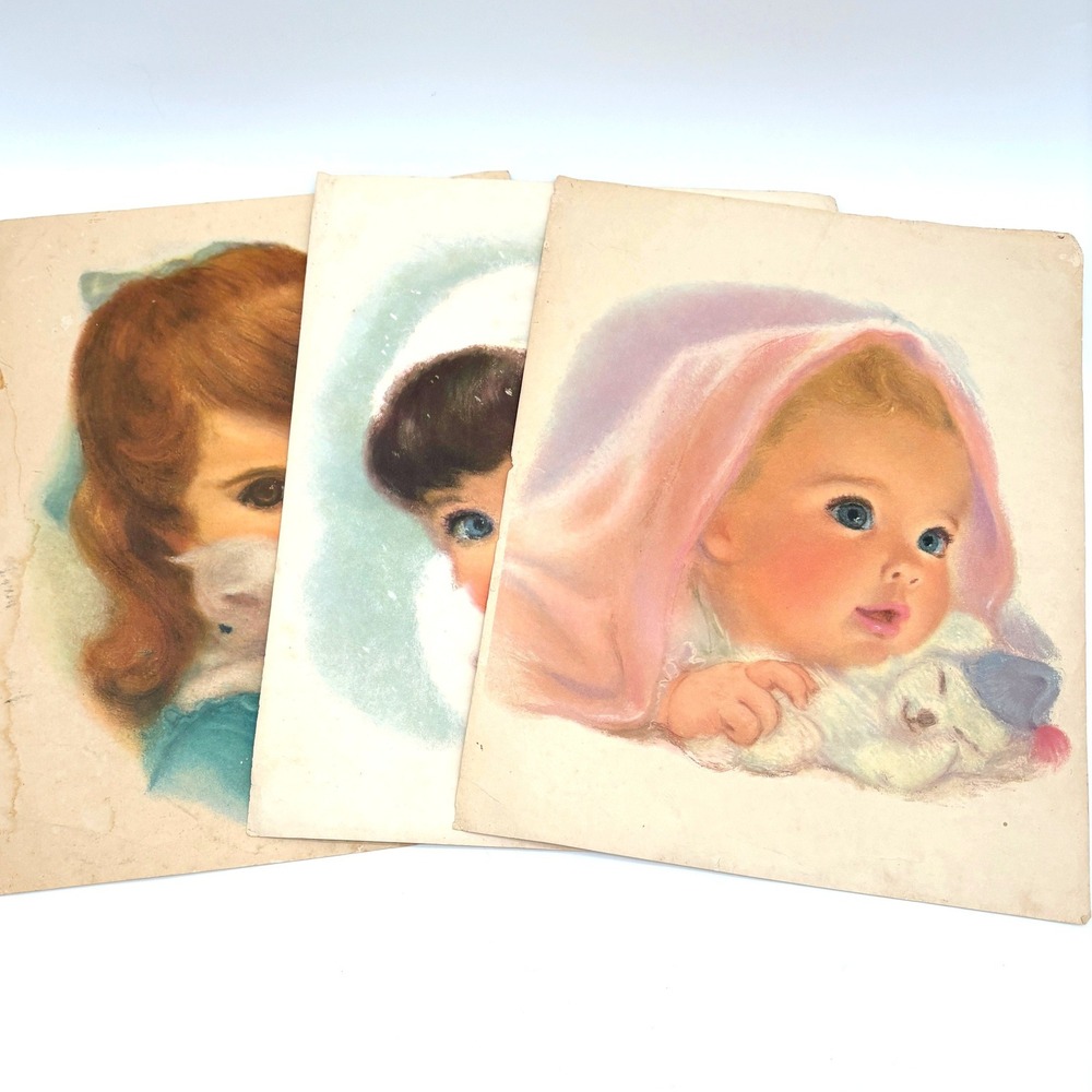 Vintage Big Eye Art Prints Mid Century Kitschy Nursery Decor Set of 3 Retro Kids